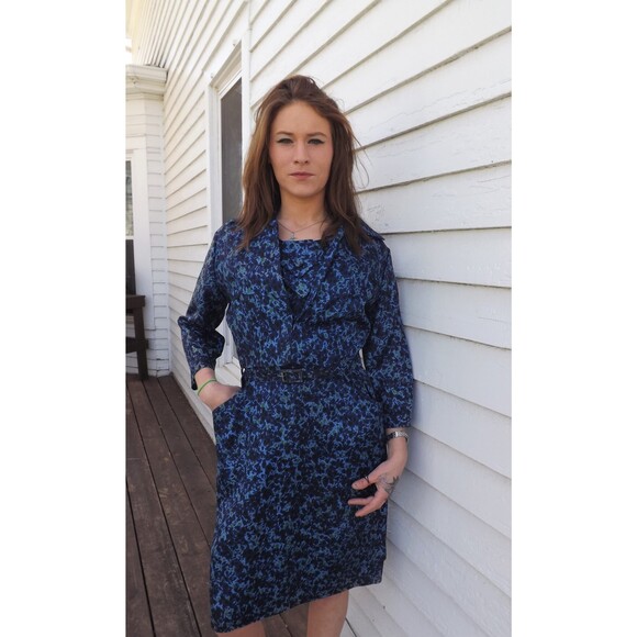 60s Blue Print Cocktail Dress with Jacket M S Vintage 1960s - Picture 9 of 9